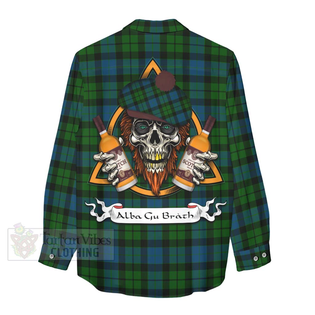 Tartan Vibes Clothing MacKay (McKay) Tartan Women's Casual Shirt with Family Crest and Bearded Skull Holding Bottles of Whiskey