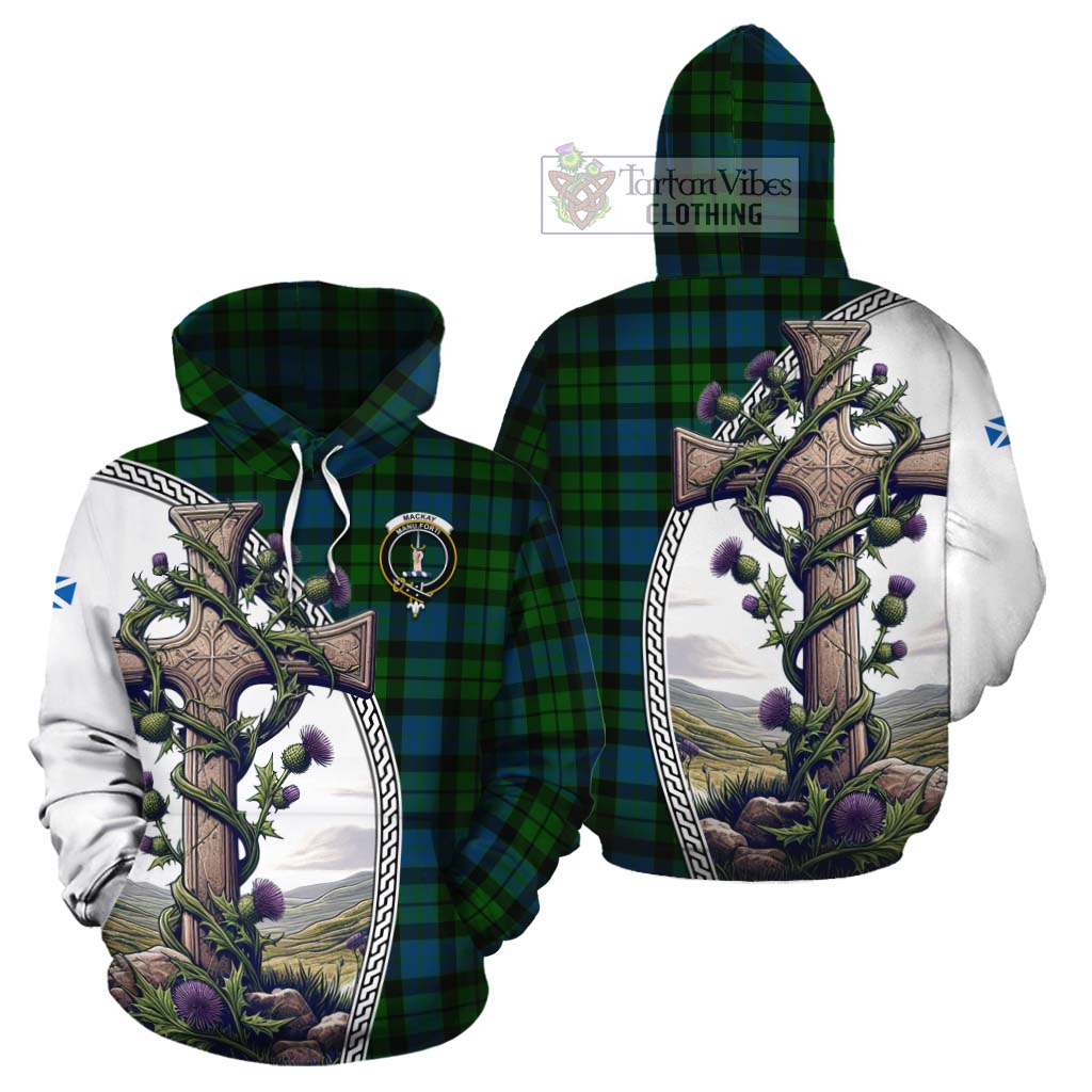 Tartan Vibes Clothing MacKay (McKay) Tartan Cotton Hoodie with Family Crest and St. Andrew's Cross Accented by Thistle Vines