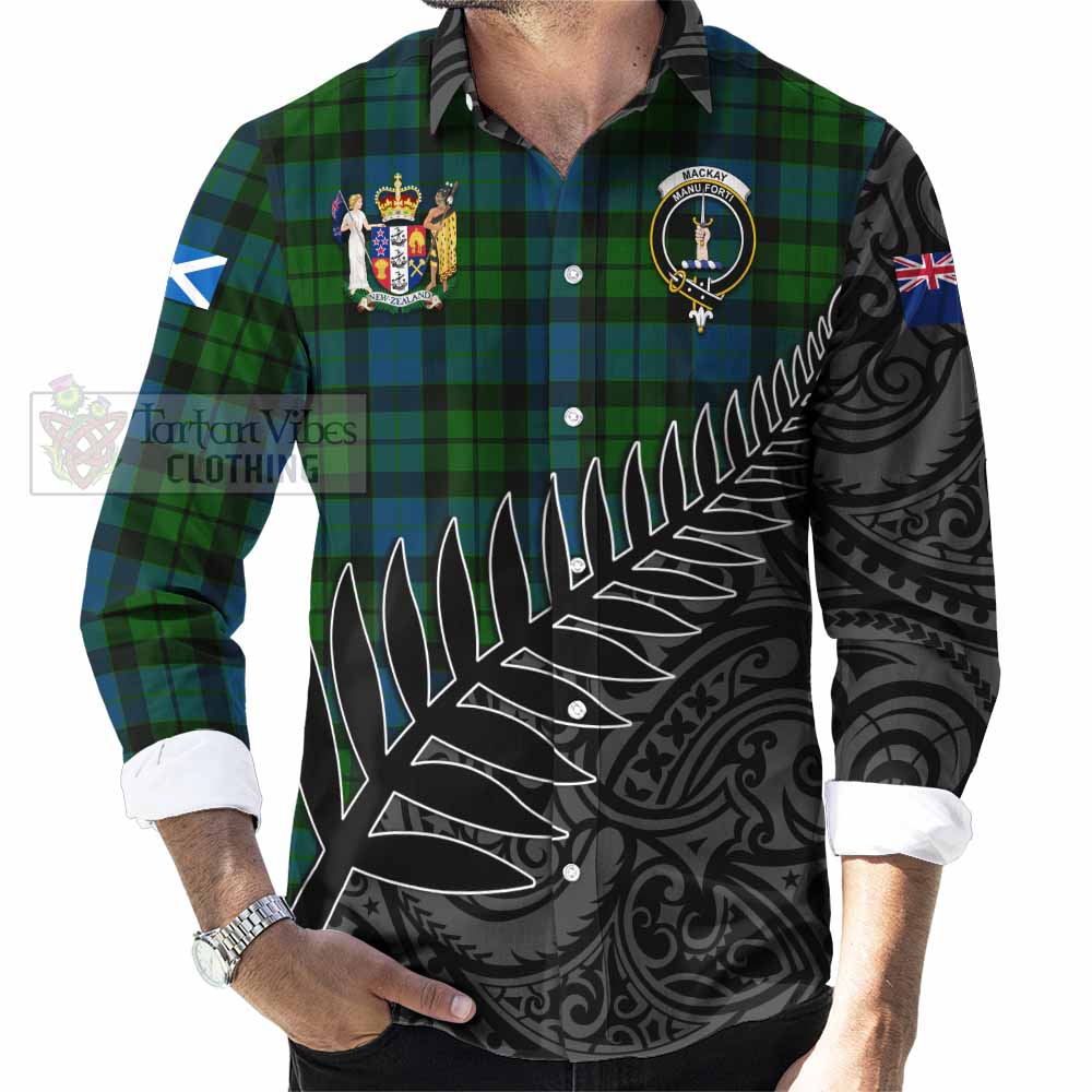 Tartan Vibes Clothing MacKay (McKay) Crest Tartan Long Sleeve Button Shirt with New Zealand Silver Fern Half Style