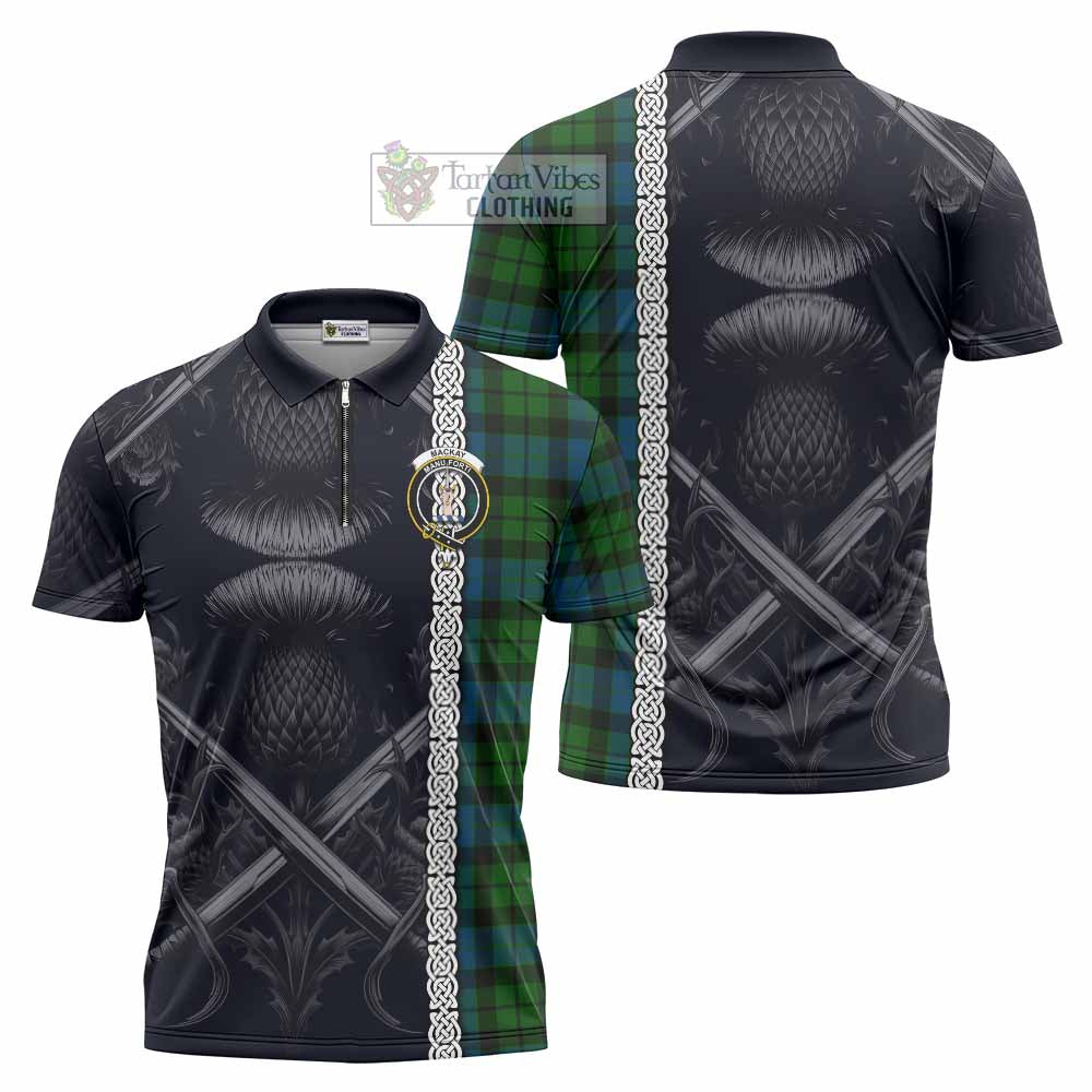 Tartan Vibes Clothing MacKay (McKay) Tartan Zipper Polo Shirt with Family Crest Cross Sword Thistle Celtic Vibes
