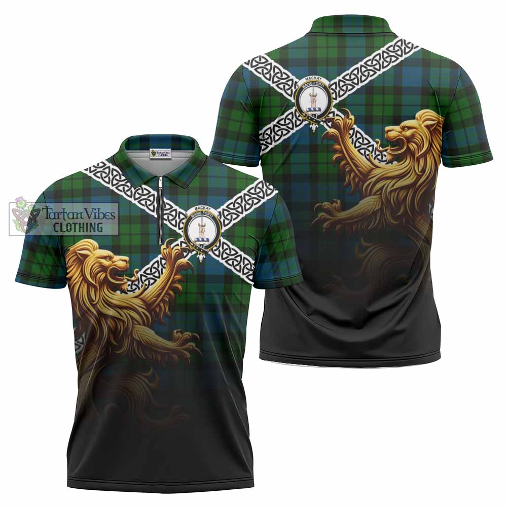 Tartan Vibes Clothing MacKay (McKay) Crest Tartan Zipper Polo Shirt with Golden Lion Emblem Celtic Style
