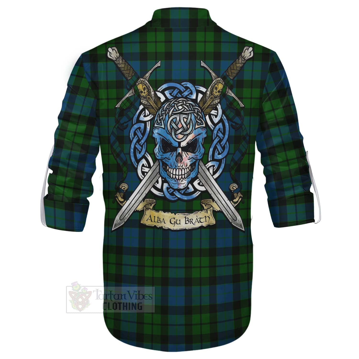 Tartan Vibes Clothing MacKay (McKay) Tartan Ghillie Kilt Shirt with Family Crest Celtic Skull Style