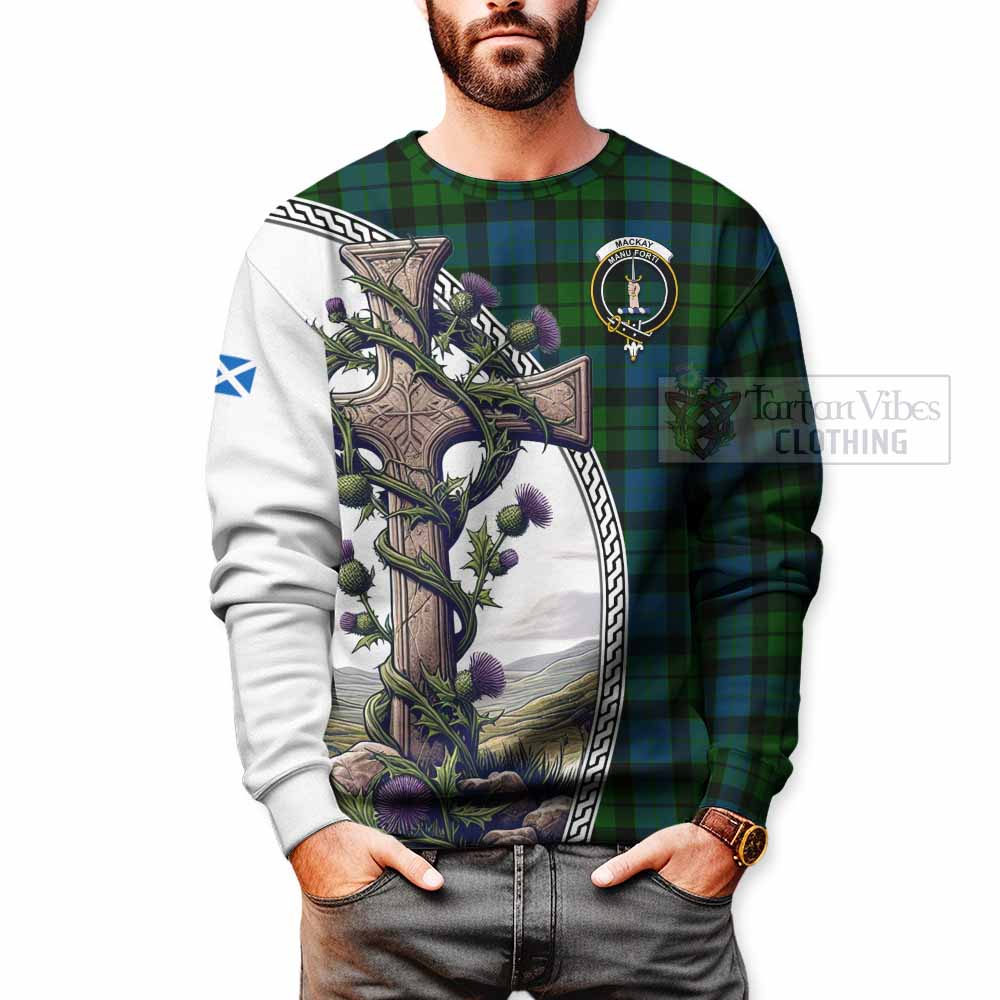 Tartan Vibes Clothing MacKay (McKay) Tartan Sweatshirt with Family Crest and St. Andrew's Cross Accented by Thistle Vines