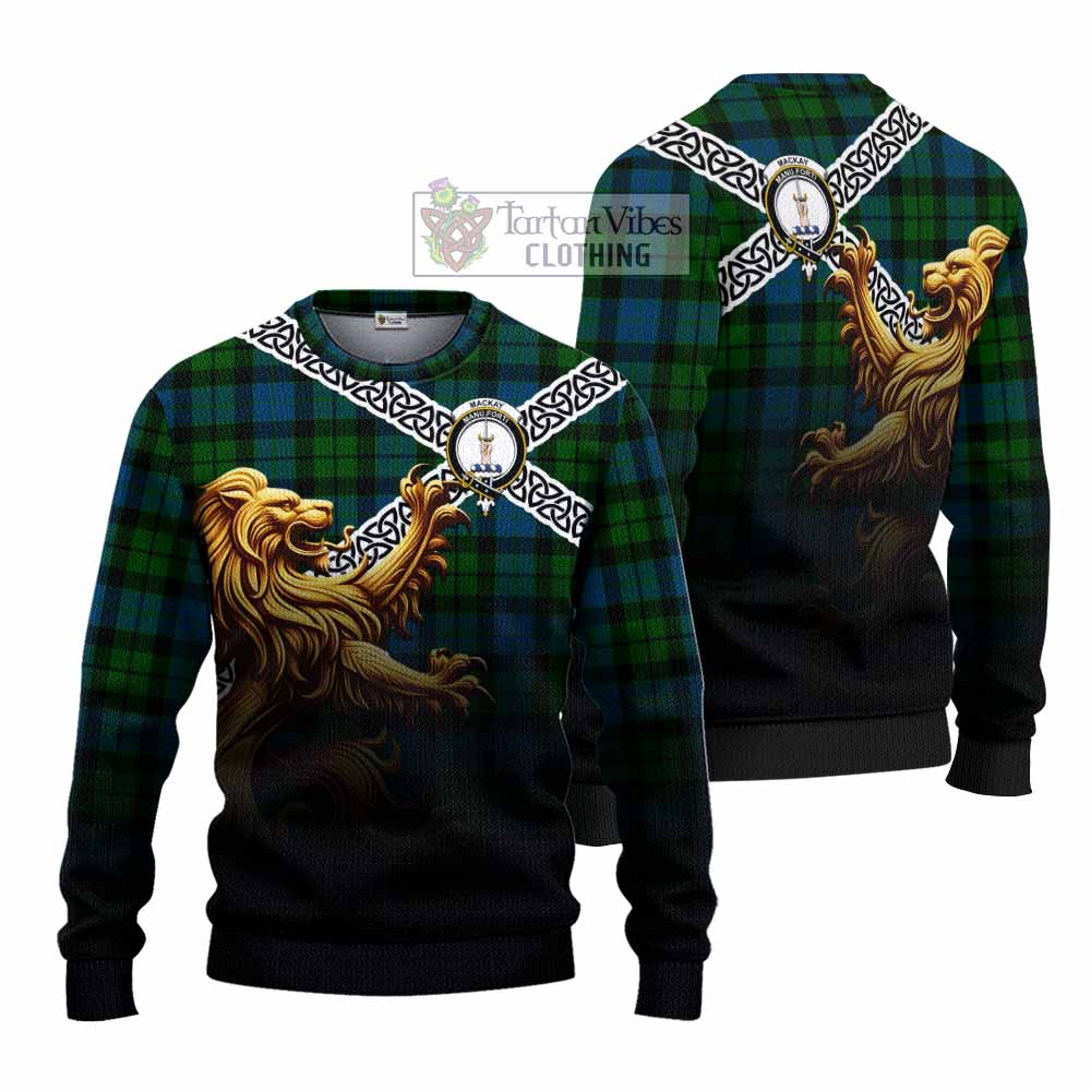 Tartan Vibes Clothing MacKay (McKay) Crest Tartan Knitted Sweater with Golden Lion Emblem Celtic Style
