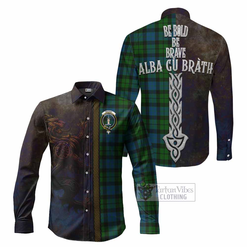 Tartan Vibes Clothing MacKay (McKay) Tartan Family Crest Long Sleeve Button Shirt Alba Gu Brath Be Brave Lion Ancient Style