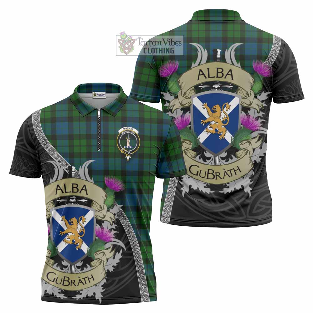 Tartan Vibes Clothing MacKay (McKay) Tartan Family Crest Zipper Polo Shirt Lion Rampant Royal Thistle Shield Celtic Inspired