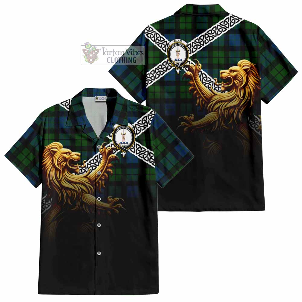 Tartan Vibes Clothing MacKay (McKay) Crest Tartan Short Sleeve Button Shirt with Golden Lion Emblem Celtic Style