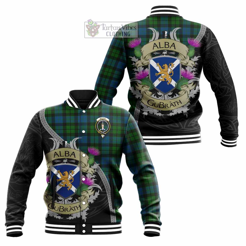 Tartan Vibes Clothing MacKay (McKay) Tartan Family Crest Baseball Jacket Lion Rampant Royal Thistle Shield Celtic Inspired