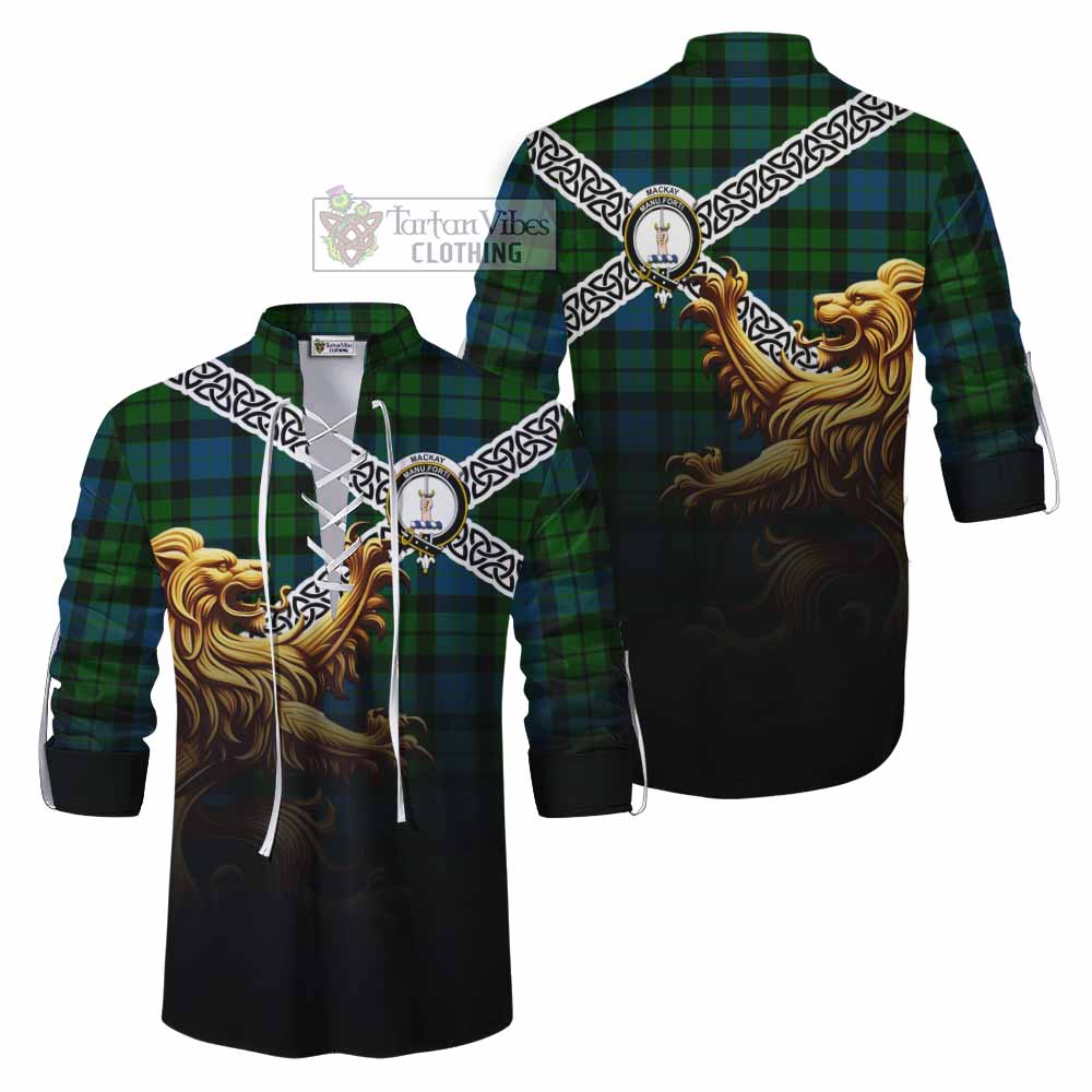 Tartan Vibes Clothing MacKay (McKay) Crest Tartan Ghillie Kilt Shirt with Golden Lion Emblem Celtic Style