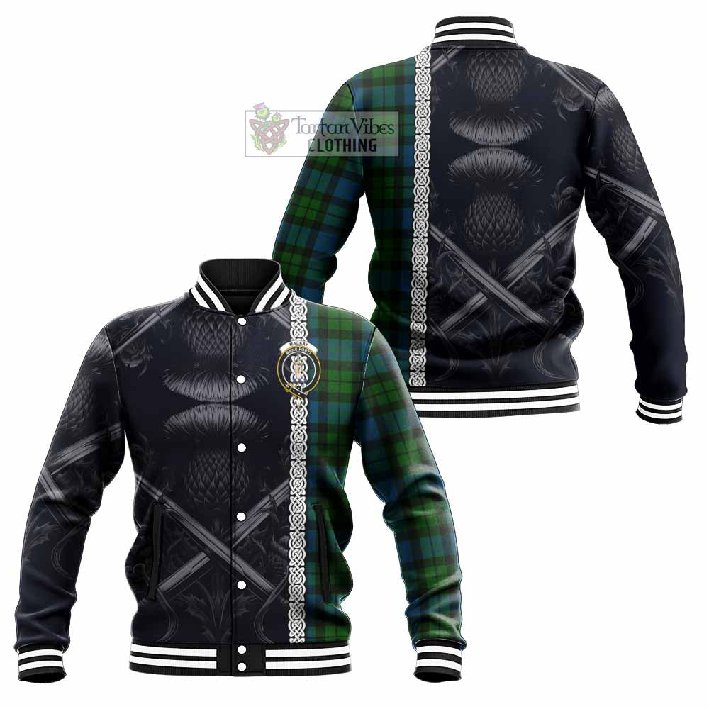 Tartan Vibes Clothing MacKay (McKay) Tartan Baseball Jacket with Family Crest Cross Sword Thistle Celtic Vibes
