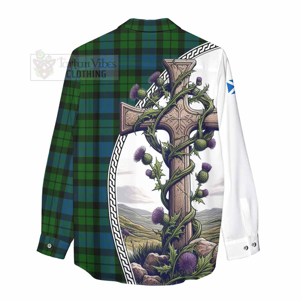 Tartan Vibes Clothing MacKay (McKay) Tartan Women's Casual Shirt with Family Crest and St. Andrew's Cross Accented by Thistle Vines