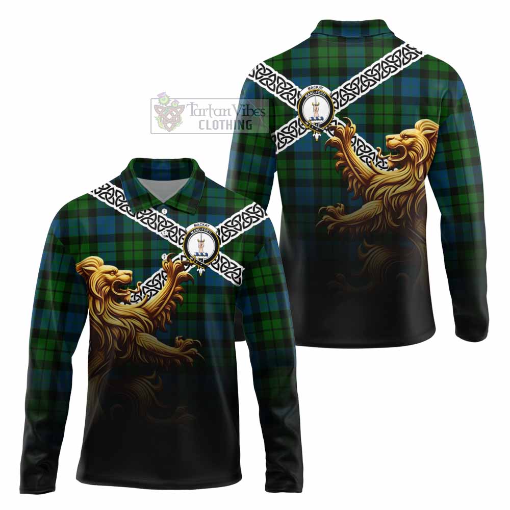 Tartan Vibes Clothing MacKay (McKay) Crest Tartan Long Sleeve Polo Shirt with Golden Lion Emblem Celtic Style