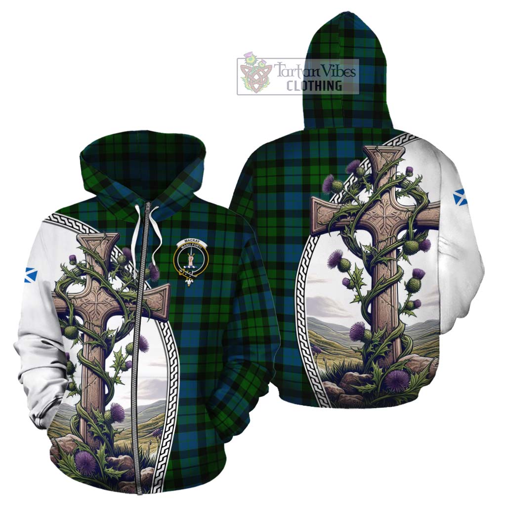 Tartan Vibes Clothing MacKay (McKay) Tartan Cotton Hoodie with Family Crest and St. Andrew's Cross Accented by Thistle Vines