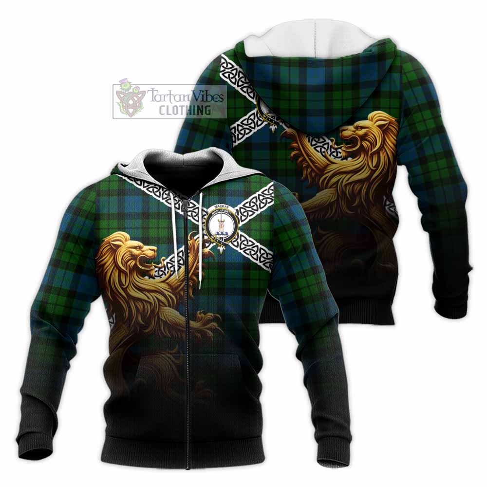 Tartan Vibes Clothing MacKay (McKay) Crest Tartan Knitted Hoodie with Golden Lion Emblem Celtic Style