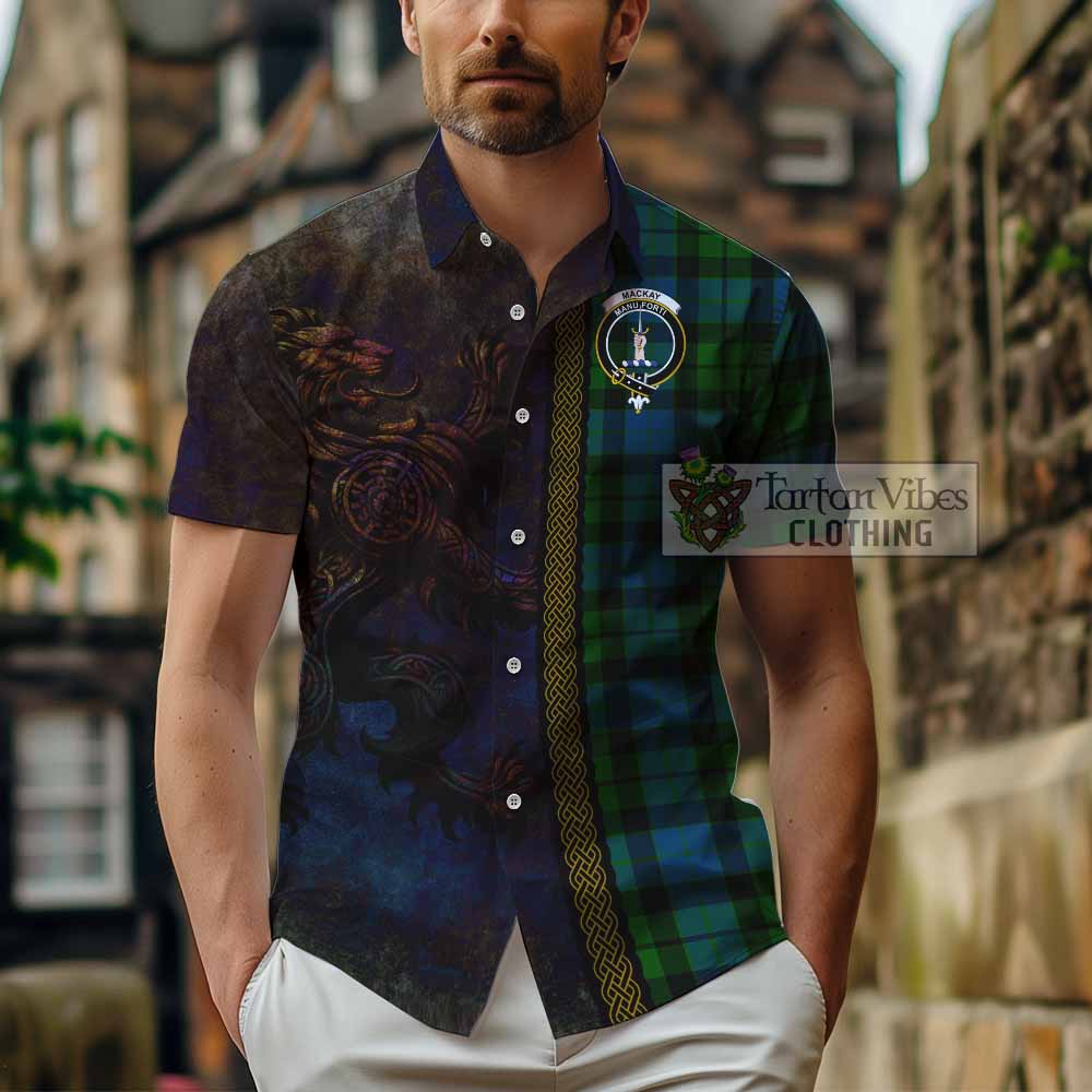 Tartan Vibes Clothing MacKay (McKay) Tartan Family Crest Short Sleeve Button Shirt Alba Gu Brath Be Brave Lion Ancient Style