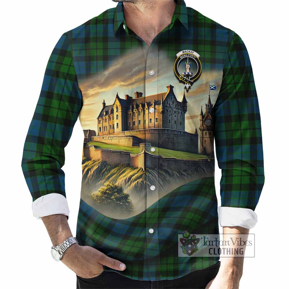 Tartan Vibes Clothing MacKay (McKay) Tartan Family Crest Long Sleeve Button Shirt with Scottish Ancient Castle Style