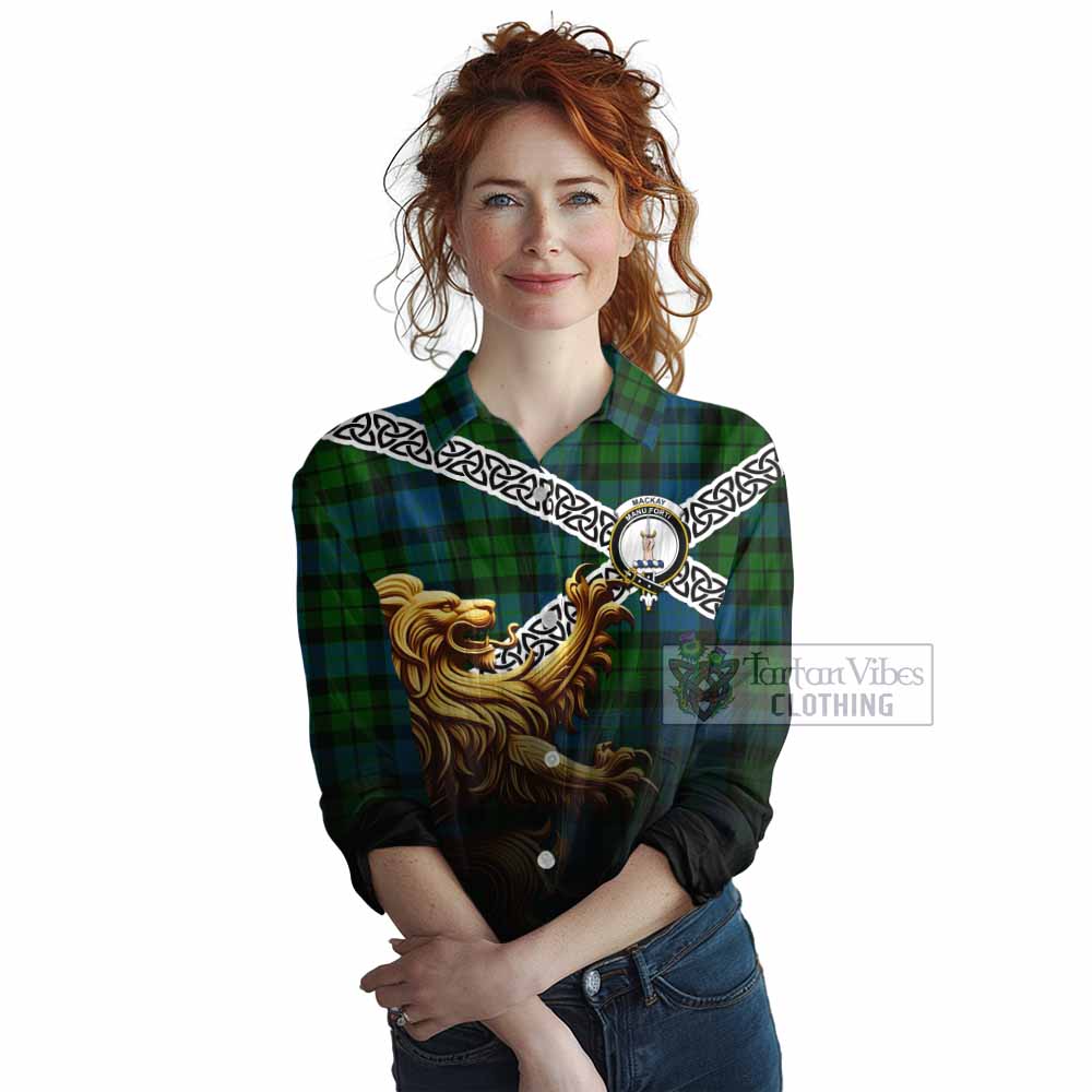 Tartan Vibes Clothing MacKay (McKay) Crest Tartan Women's Casual Shirt with Golden Lion Emblem Celtic Style