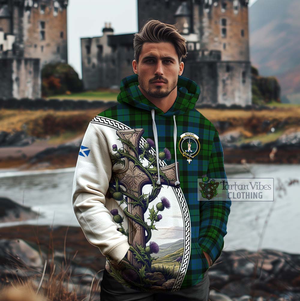 Tartan Vibes Clothing MacKay (McKay) Tartan Cotton Hoodie with Family Crest and St. Andrew's Cross Accented by Thistle Vines