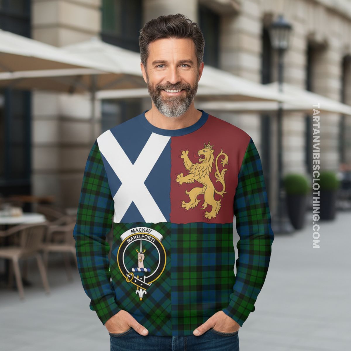 MacKay Crest Tartan Sweatshirt with Lion Rampant Saltire Style