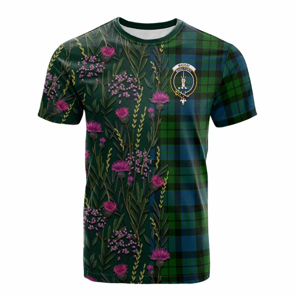 MacKay (McKay) Family Crest Tartan Cotton T-shirt Scottish Thistle Flower Pattern Half Style - Tartan Vibes Clothing