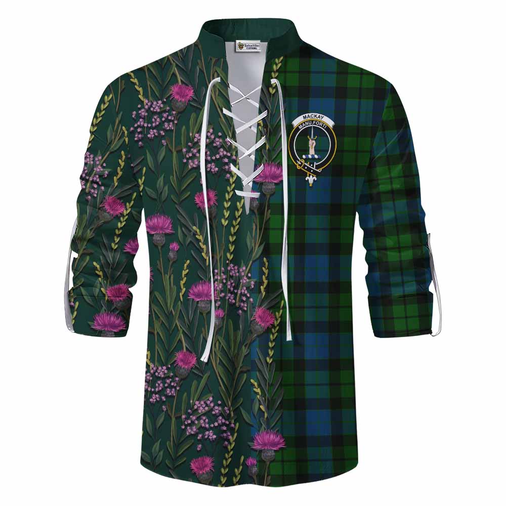 MacKay (McKay) Family Crest Tartan Ghillie Shirt Scottish Thistle Flower Pattern Half Style - Tartan Vibes Clothing