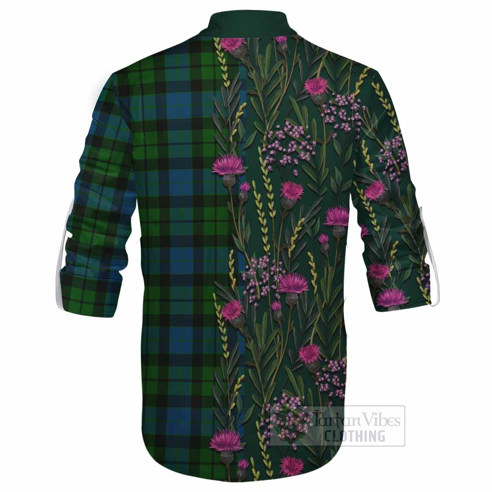 MacKay (McKay) Family Crest Tartan Ghillie Shirt Scottish Thistle Flower Pattern Half Style - Tartan Vibes Clothing