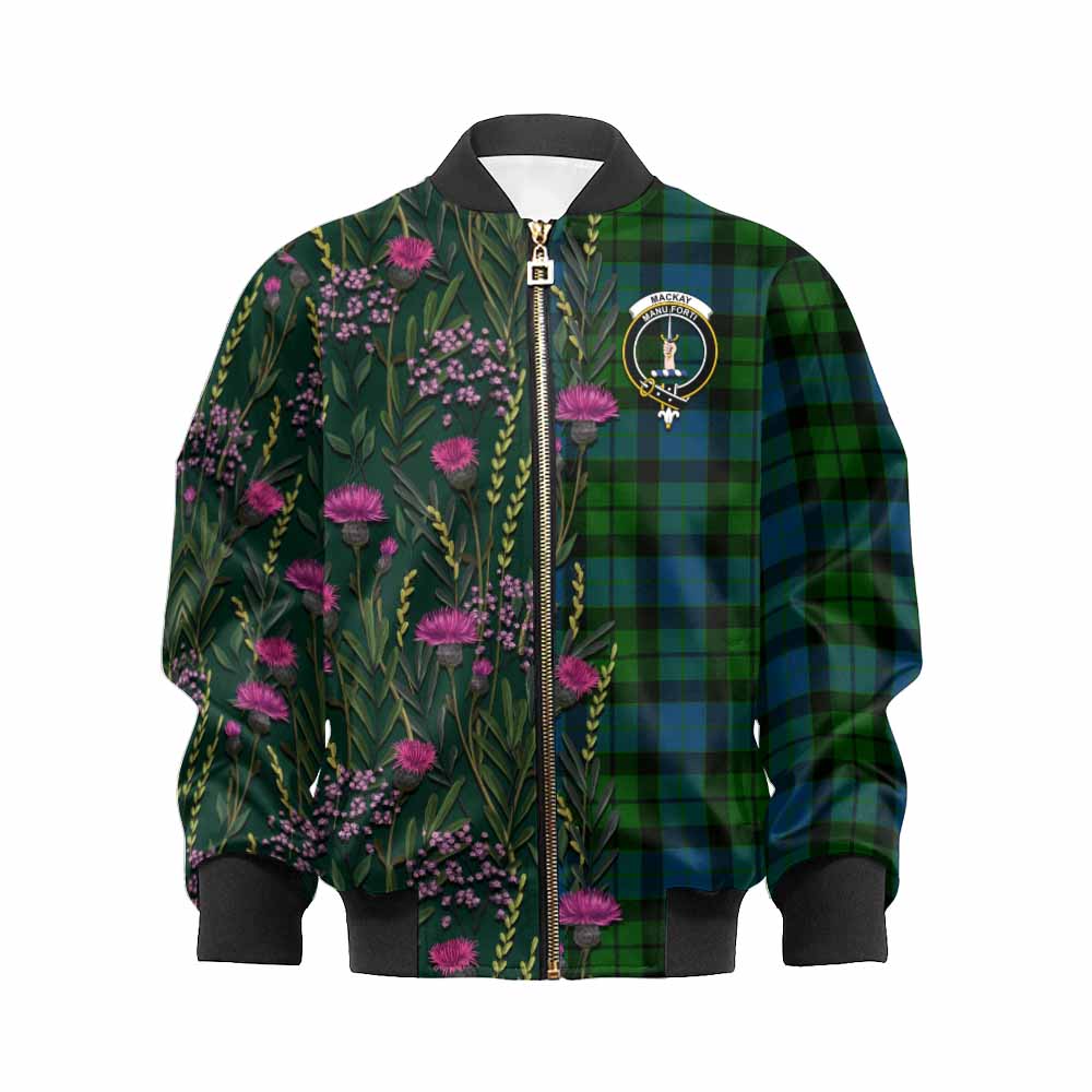 MacKay (McKay) Family Crest Tartan Kid Bomber Jacket Scottish Thistle Flower Pattern Half Style - Tartan Vibes Clothing
