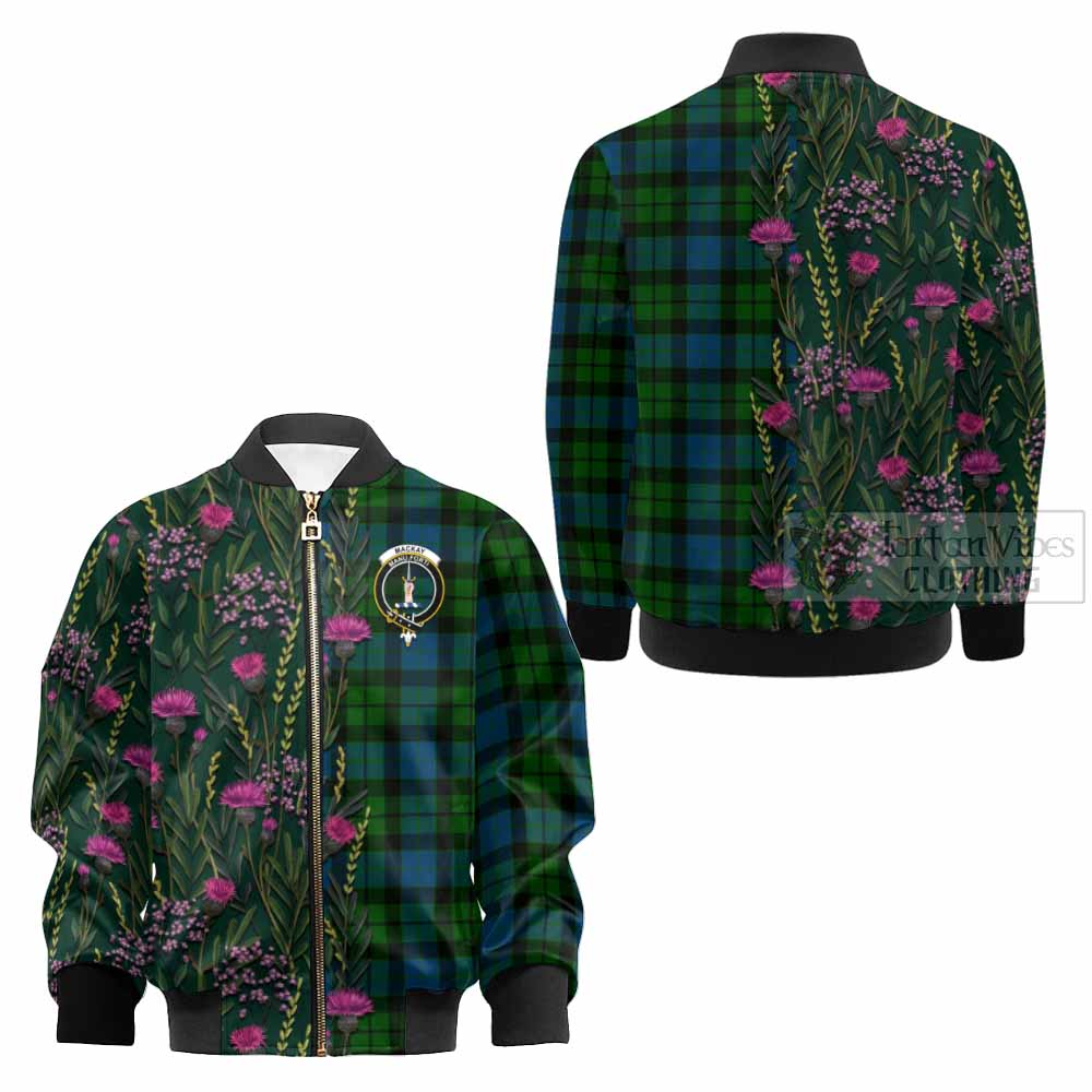 MacKay (McKay) Family Crest Tartan Kid Bomber Jacket Scottish Thistle Flower Pattern Half Style - Tartan Vibes Clothing