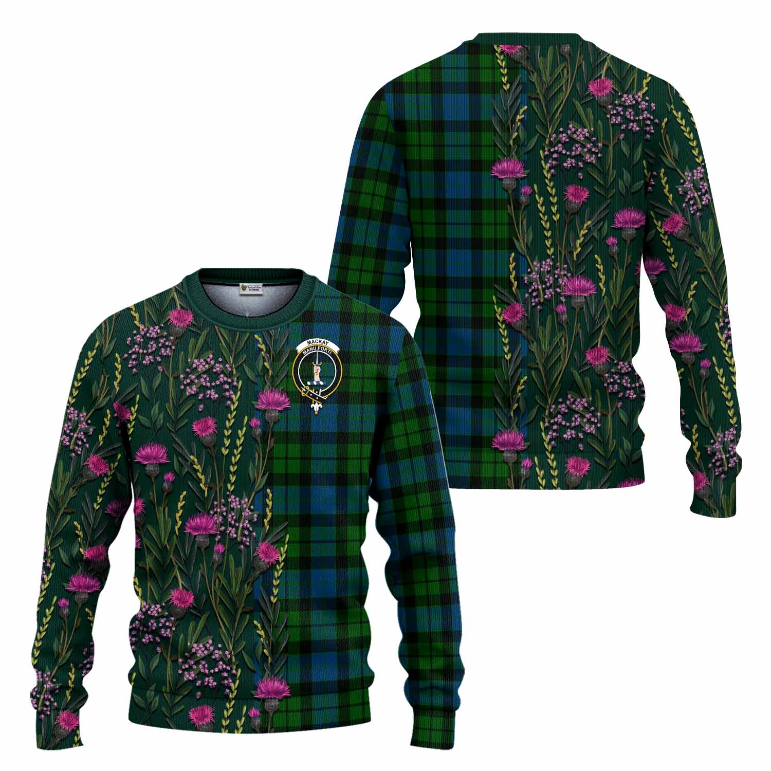 MacKay (McKay) Family Crest Tartan Knitted Sweater Scottish Thistle Flower Pattern Half Style - Tartan Vibes Clothing
