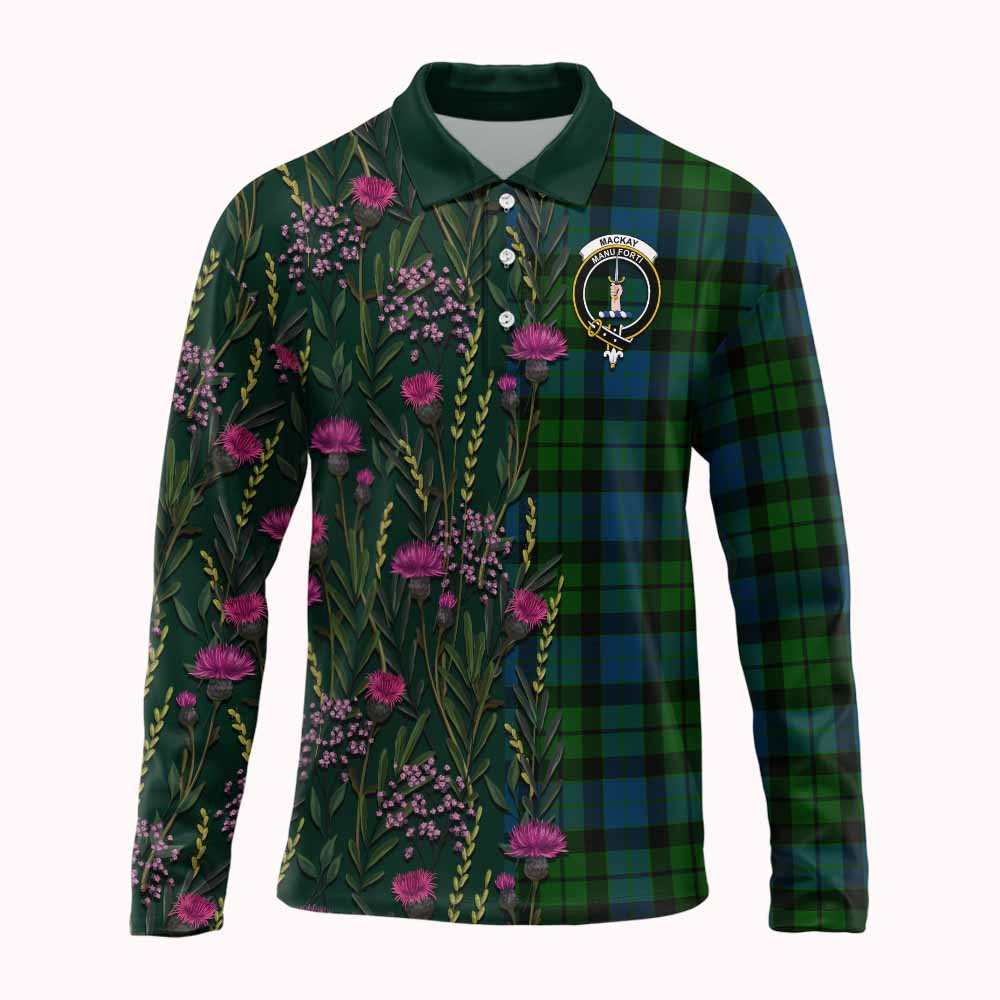 MacKay (McKay) Family Crest Tartan Long Sleeve Polo Shirt Scottish Thistle Flower Pattern Half Style - Tartan Vibes Clothing