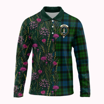 MacKay (McKay) Family Crest Tartan Long Sleeve Polo Shirt Scottish Thistle Flower Pattern Half Style