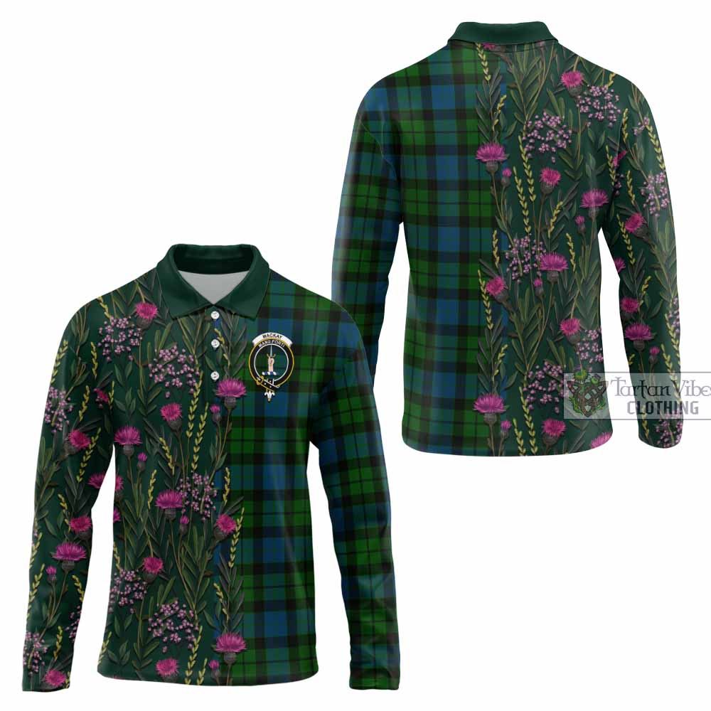 MacKay (McKay) Family Crest Tartan Long Sleeve Polo Shirt Scottish Thistle Flower Pattern Half Style - Tartan Vibes Clothing