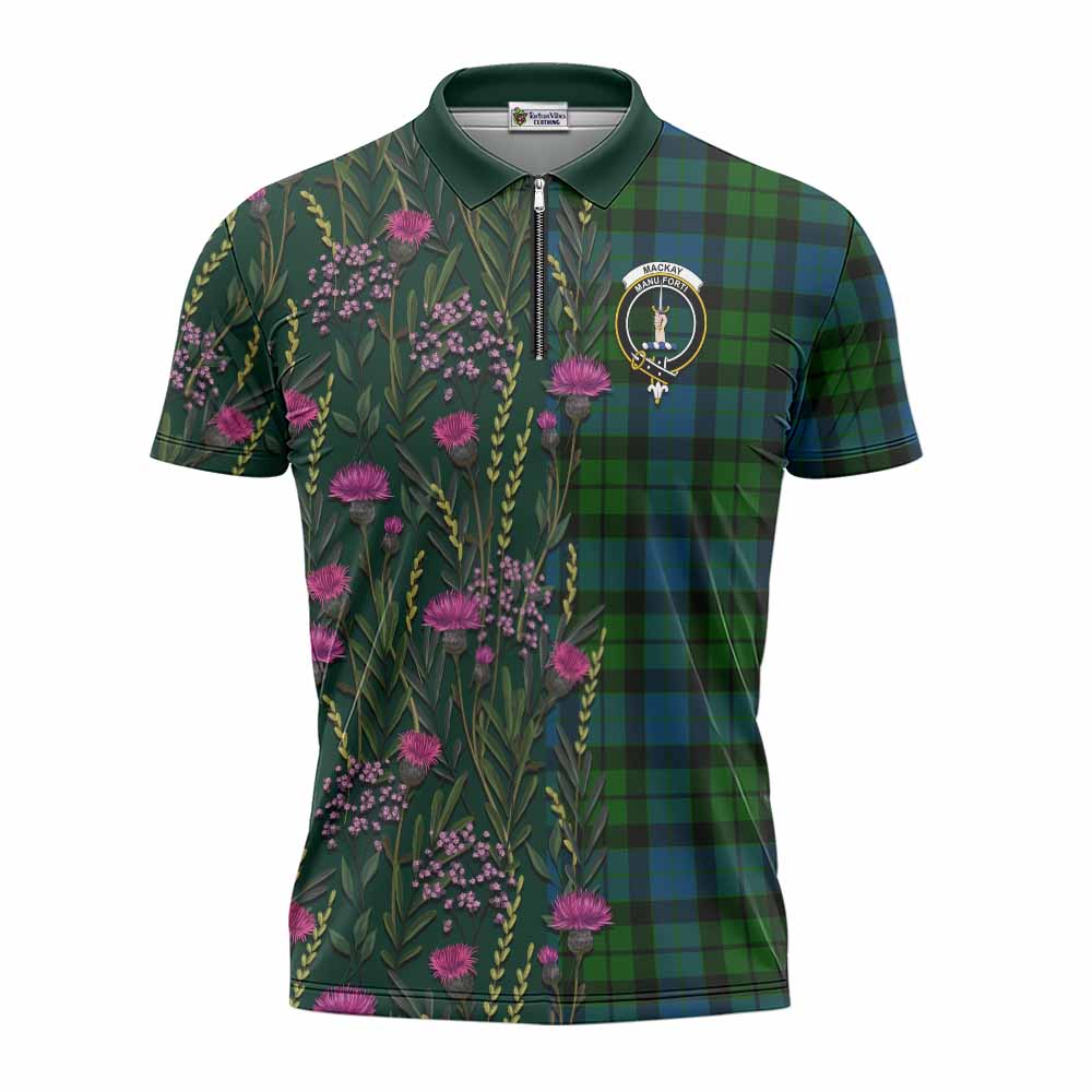 MacKay (McKay) Family Crest Tartan Zipper Polo Shirt Scottish Thistle Flower Pattern Half Style - Tartan Vibes Clothing
