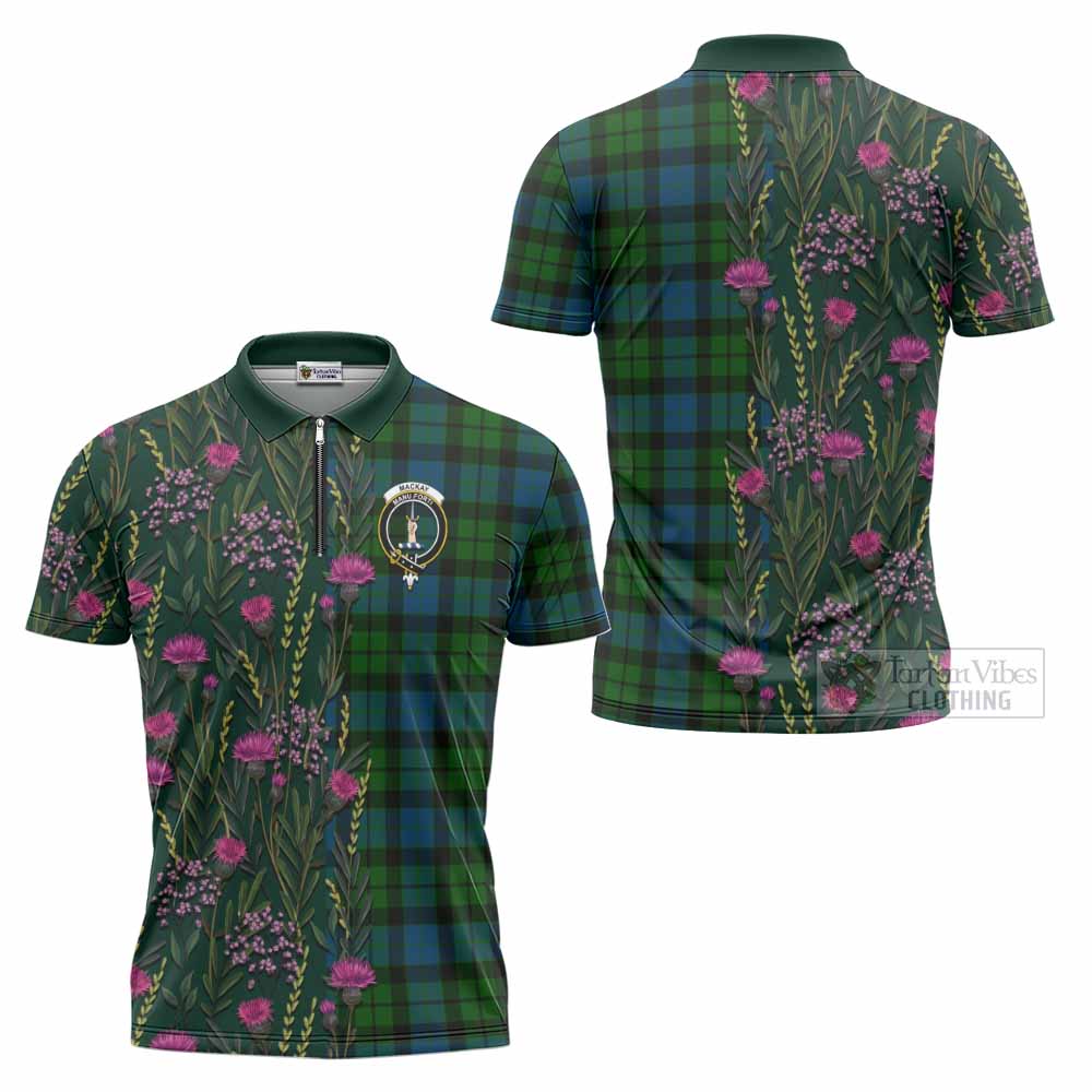 MacKay (McKay) Family Crest Tartan Zipper Polo Shirt Scottish Thistle Flower Pattern Half Style - Tartan Vibes Clothing
