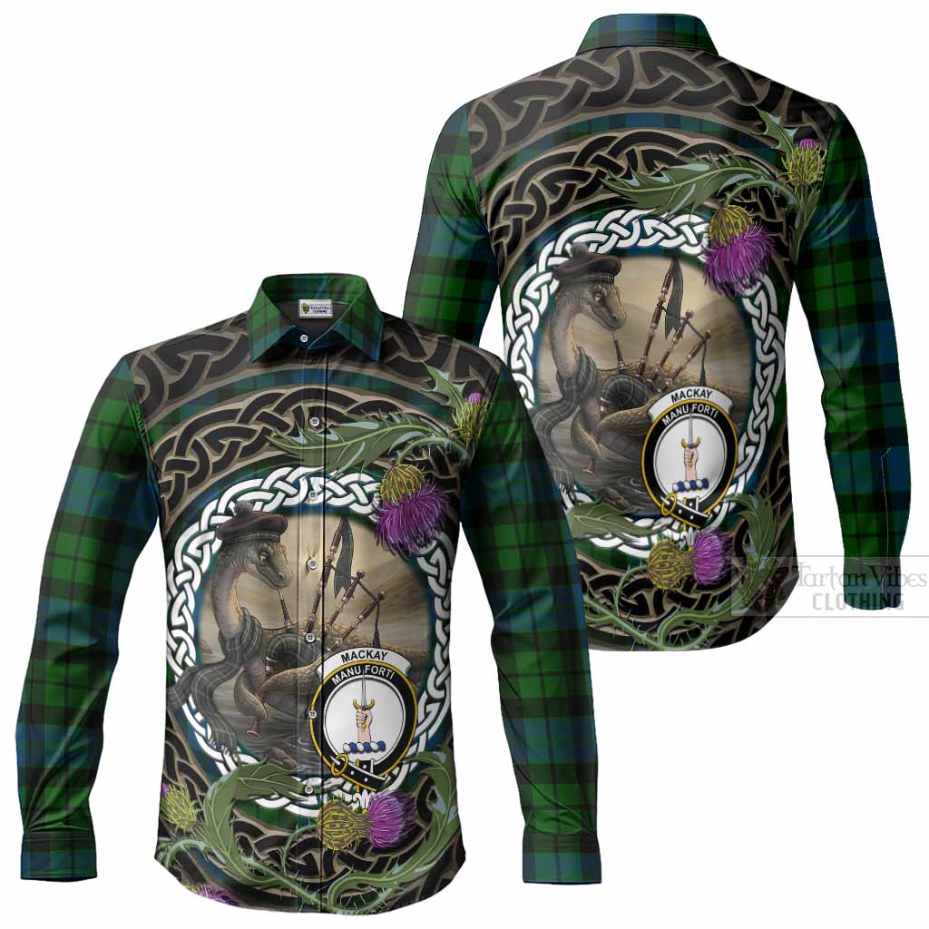 MacKay (McKay) Tartan Crest Bagpipe Nessie Long Sleeve Button Shirts Scottish Loch Ness Monster Celtic Thistle
