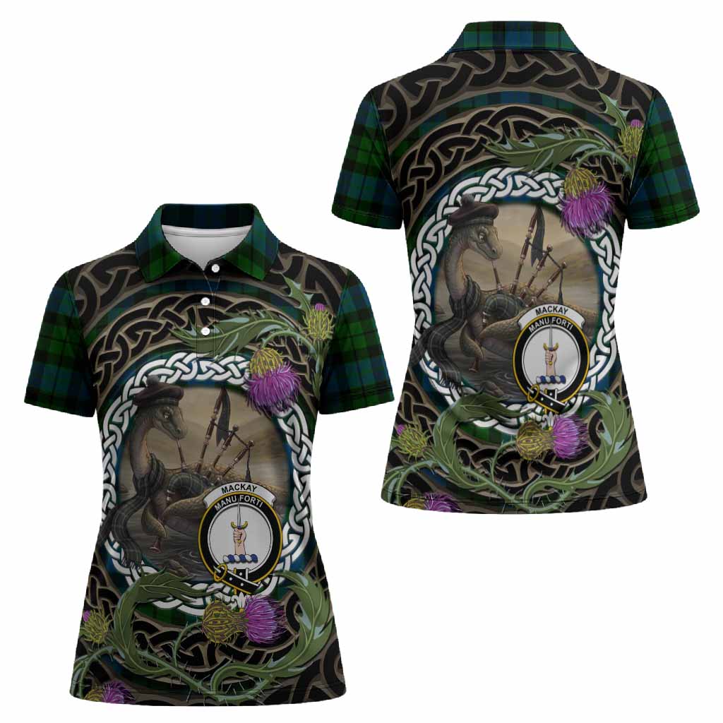 MacKay (McKay) Tartan Crest Bagpipe Nessie Women Polo Shirt Scottish Loch Ness Monster Celtic Thistle