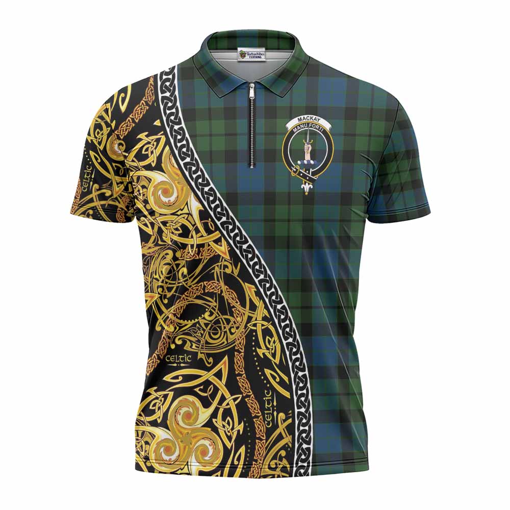 MacKay (McKay) Tartan Crest Zipper Polo Shirt Celtic Knot and Triple Trickle Spiral Symbols