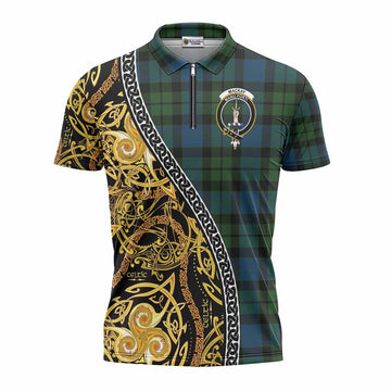 MacKay (McKay) Tartan Crest Zipper Polo Shirt Celtic Knot and Triple Trickle Spiral Symbols