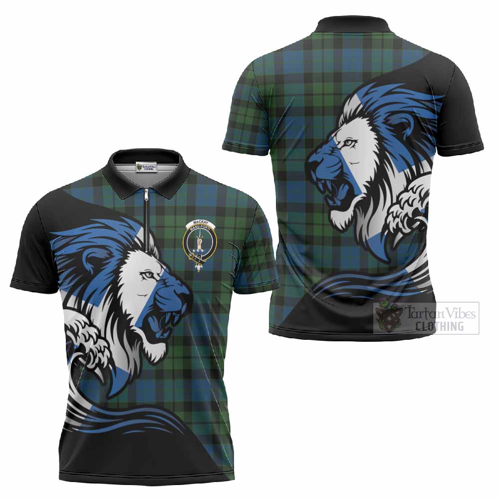 MacKay (McKay) Tartan Crest Zipper Polo Shirt Scottish Golden Lions Wave Flow