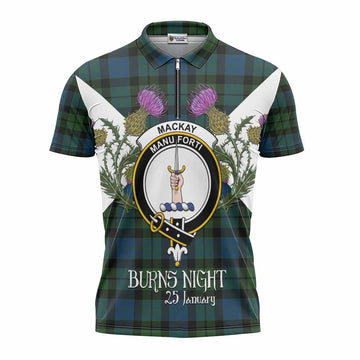 MacKay (McKay) Tartan Family Crest Zipper Polo Shirt Scottish Burns Night Thistle Floral