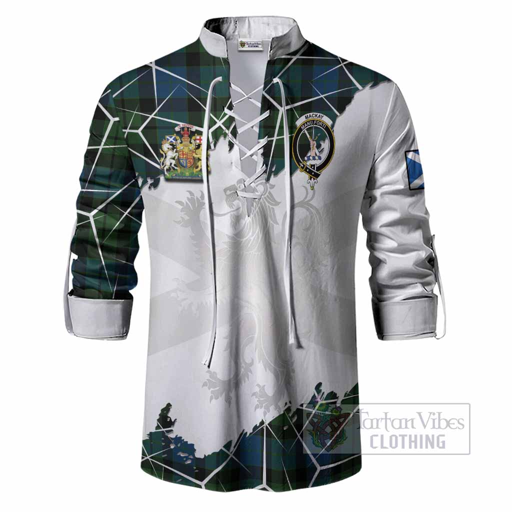 MacKay (McKay) Tartan Ghillie Shirt with Family Crest and Lion Rampant Grunge Style