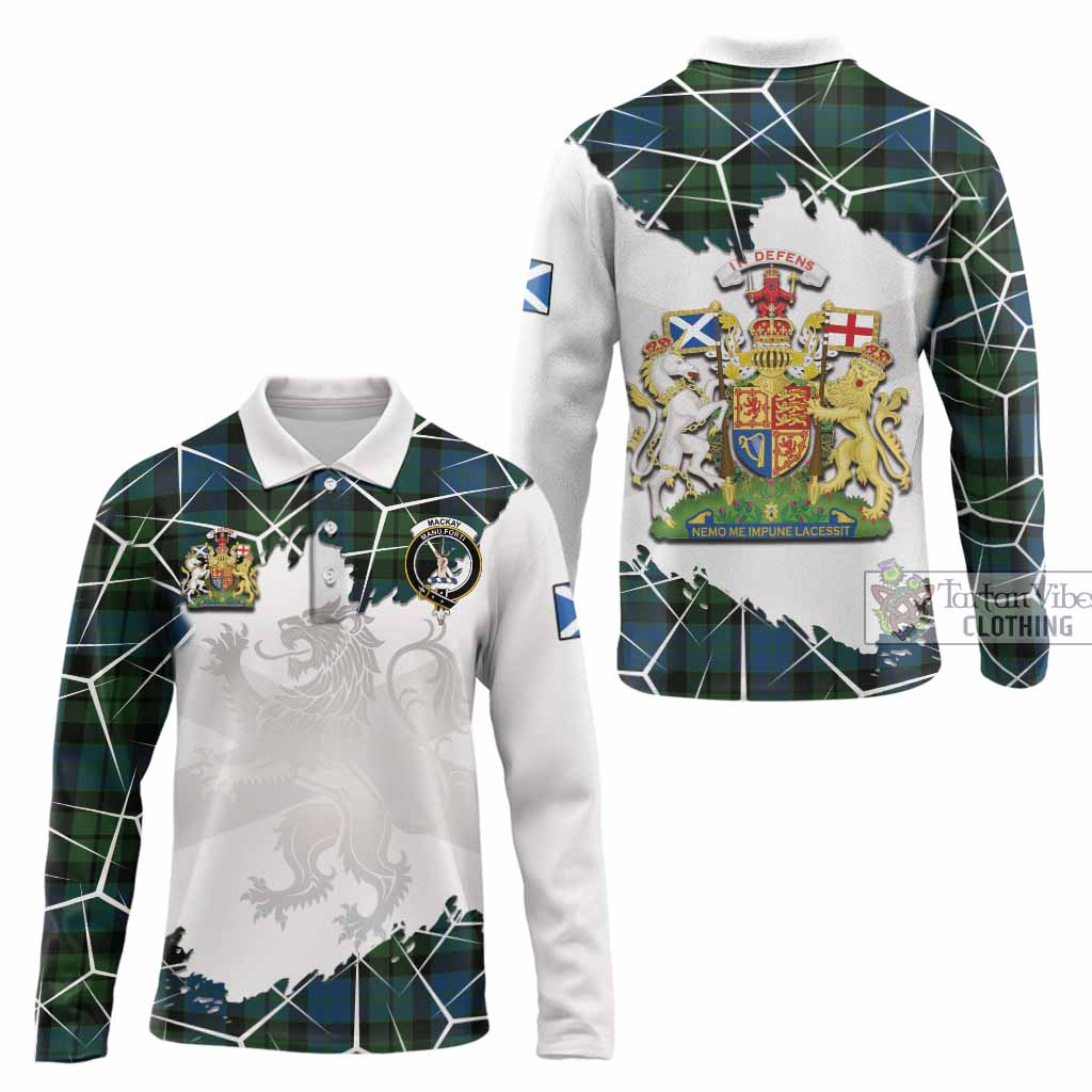 MacKay (McKay) Tartan Long Sleeve Polo Shirt with Family Crest and Lion Rampant Grunge Style