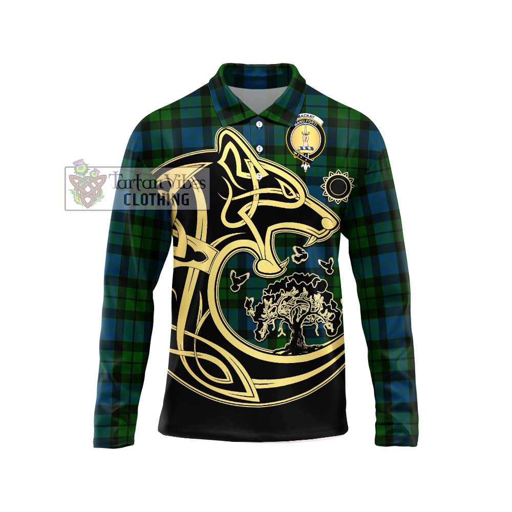 MacKay (McKay) Tartan Long Sleeve Polo Shirt with Family Crest Celtic Wolf Style Unisex - Tartanvibesclothing Shop