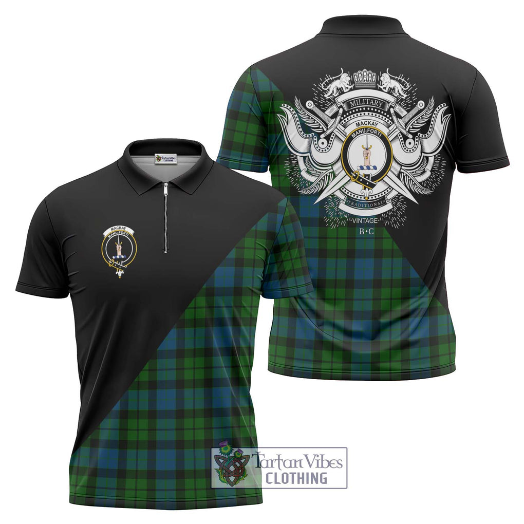 MacKay (McKay) Tartan Zipper Polo Shirt with Family Crest and Military Logo Style Unisex - Tartanvibesclothing Shop