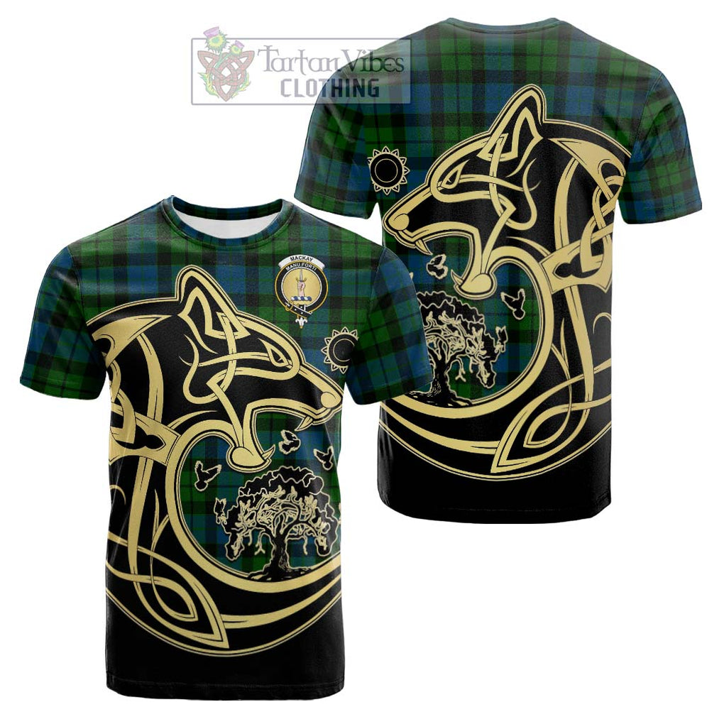 Tartan Vibes Clothing MacKay Modern Tartan Cotton T-shirt with Family Crest Celtic Wolf Style