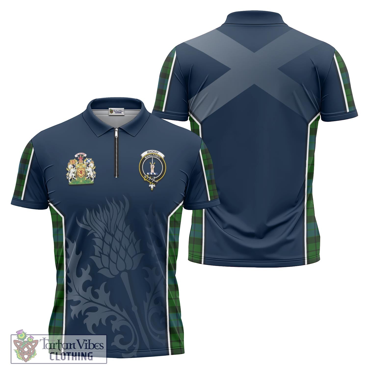 Tartan Vibes Clothing MacKay Modern Tartan Zipper Polo Shirt with Family Crest and Scottish Thistle Vibes Sport Style