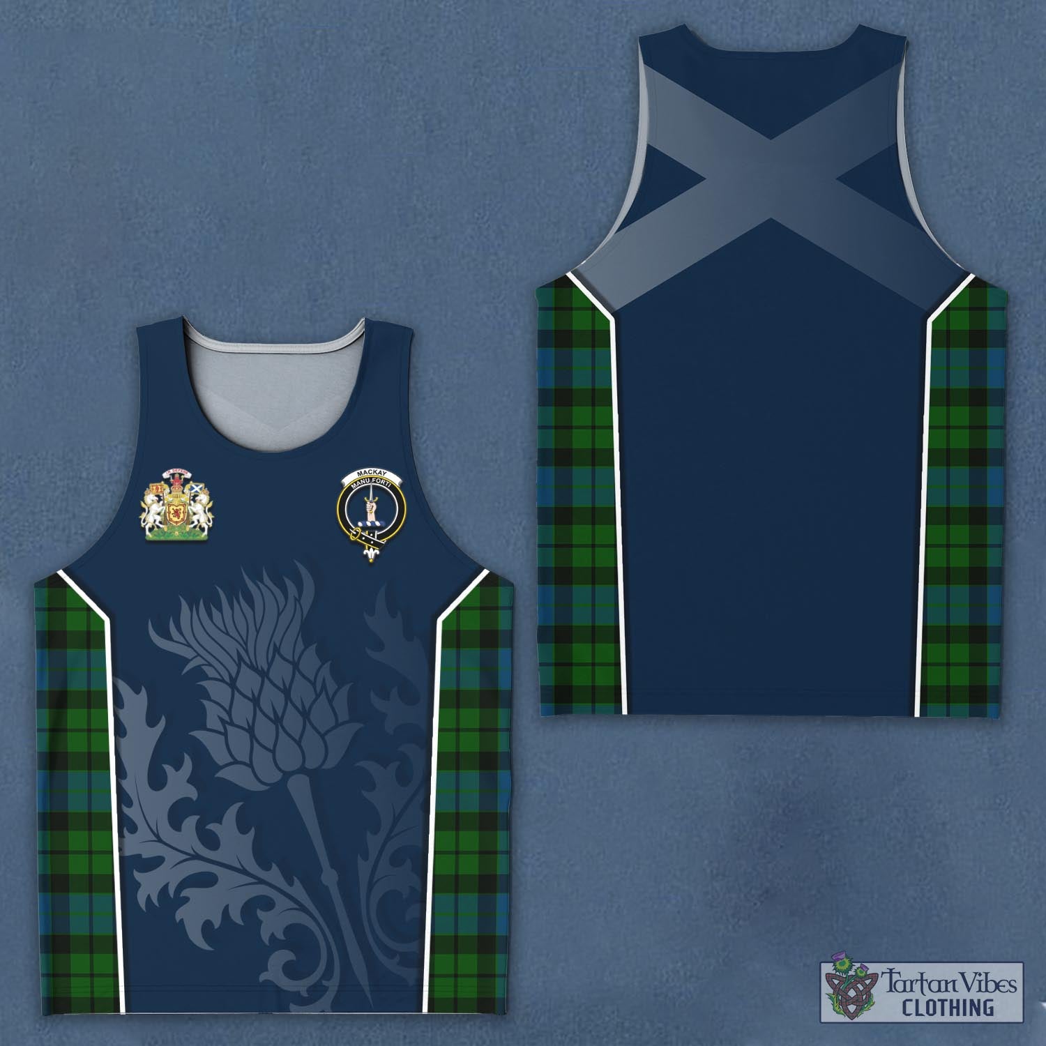Tartan Vibes Clothing MacKay Modern Tartan Men's Tanks Top with Family Crest and Scottish Thistle Vibes Sport Style