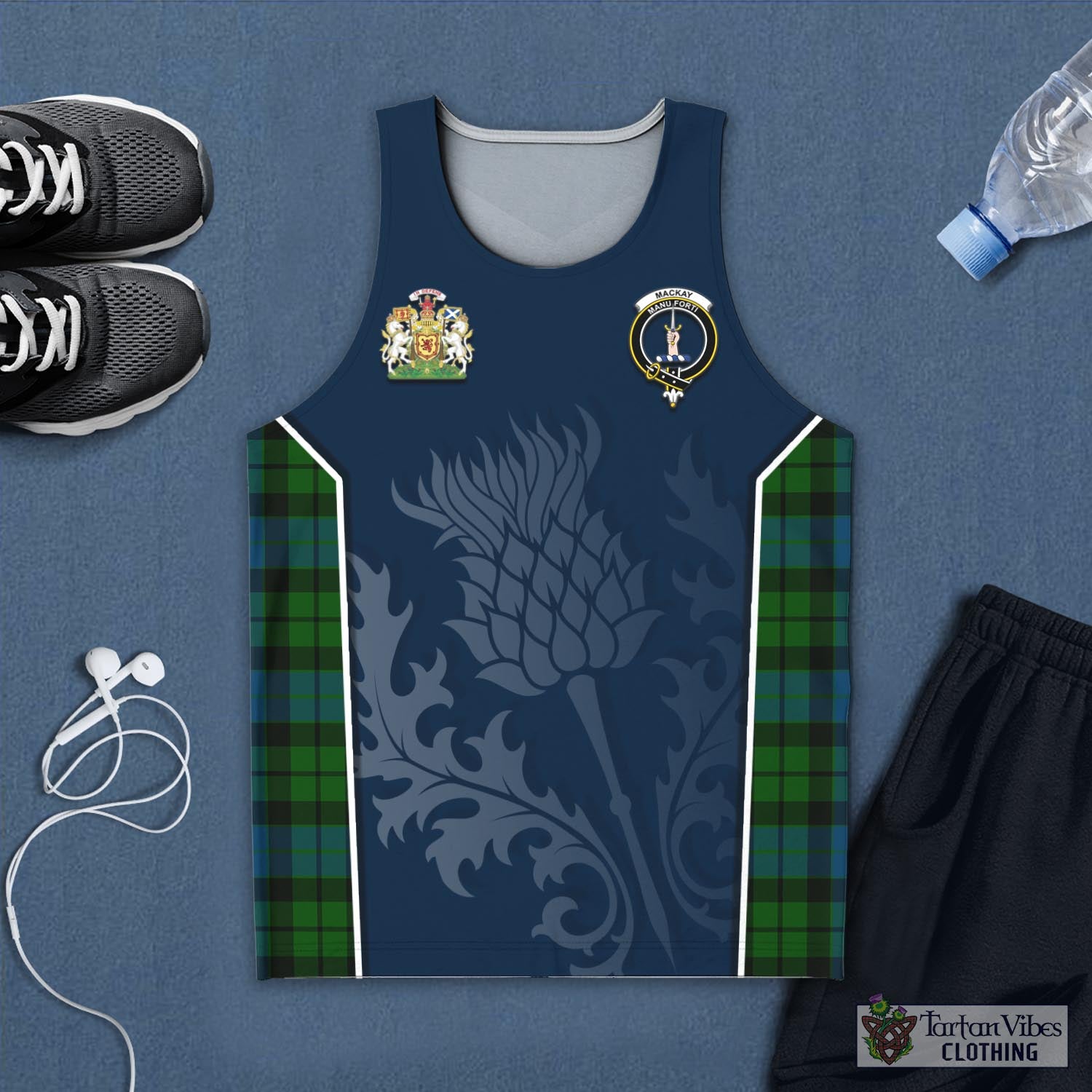 Tartan Vibes Clothing MacKay Modern Tartan Men's Tanks Top with Family Crest and Scottish Thistle Vibes Sport Style