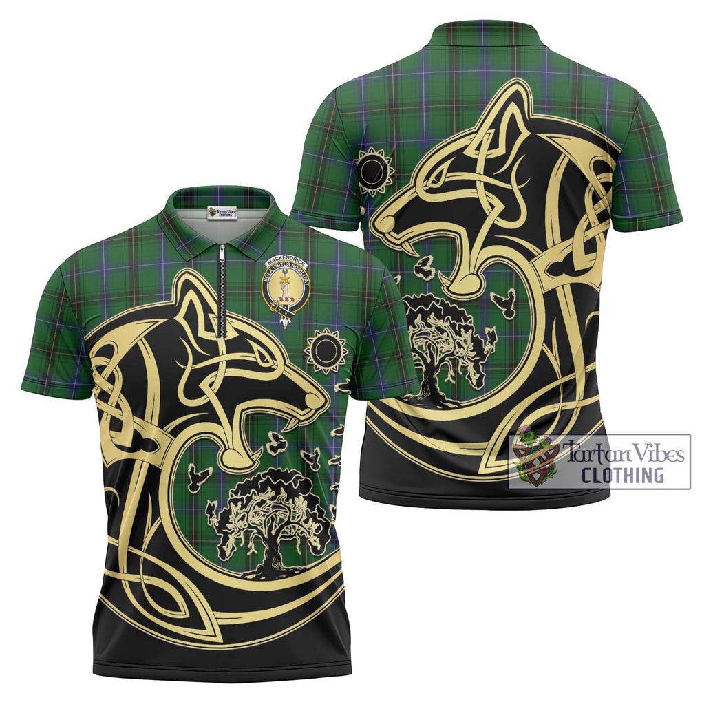 MacKendrick (McKendrick) Tartan Zipper Polo Shirt with Family Crest Celtic Wolf Style Unisex - Tartan Vibes Clothing