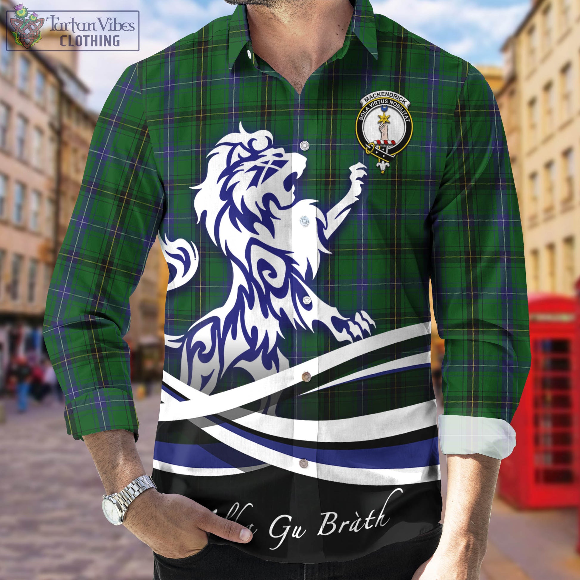 MacKendrick (McKendrick) Tartan Long Sleeve Button Up Shirt with Alba Gu Brath Regal Lion Emblem Men's Shirt - Tartan Vibes Clothing